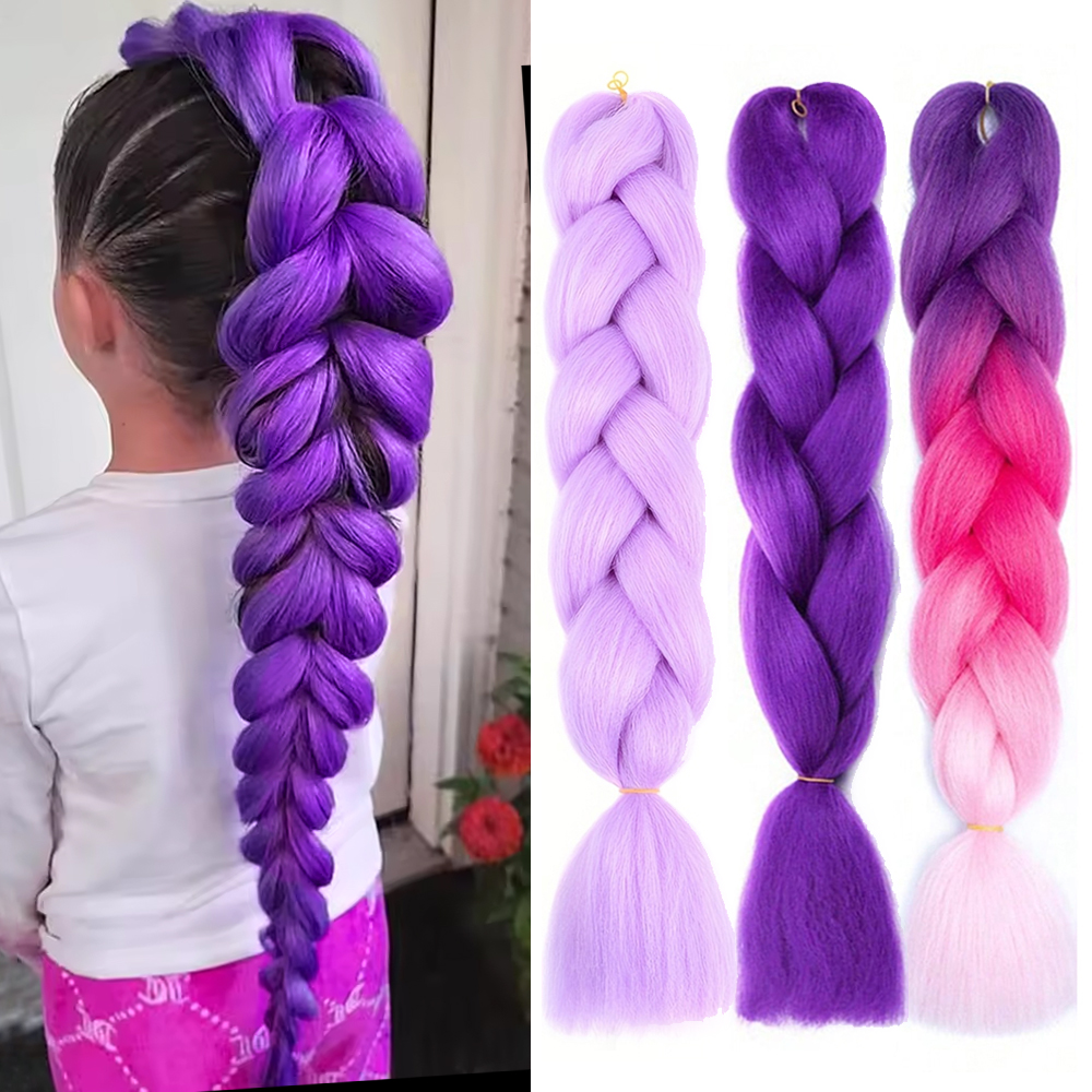 Jumbo trança de cabelo pré-esticado extensões de cabelo roxo para tranças de crochê cabelo sintético diy rosa roxo jumbo rabo de cavalo trança
