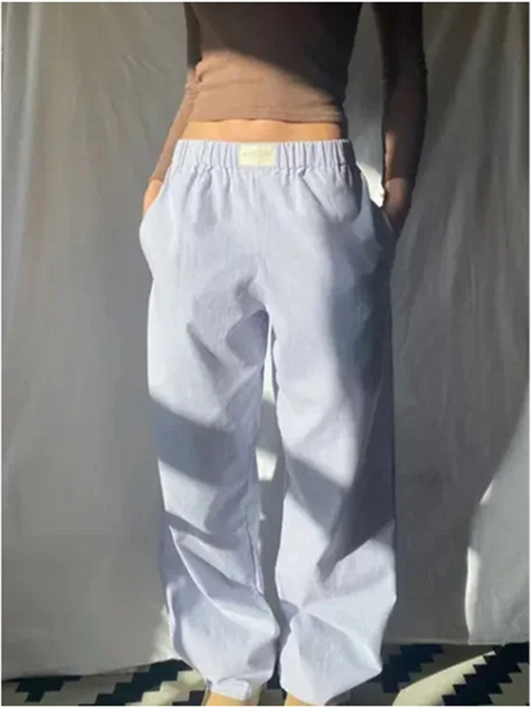 Calça feminina listrada rosa com cintura elástica e bolso, perna reta, solta, casual, confortável, verão, y2k