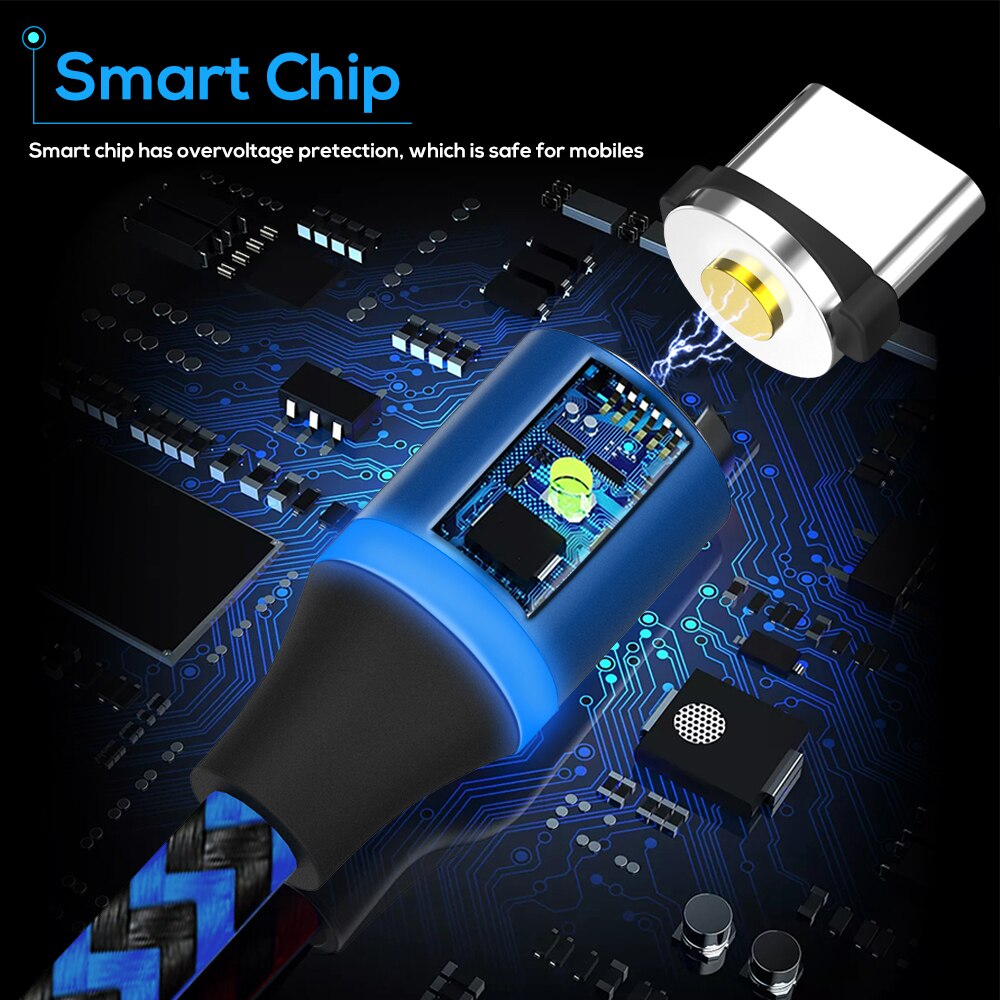 마그네틱 충전 케이블, 3 in 1 TOPK 360 회전 마그네틱 휴대폰 충전기 케이블, LED 조명 포함, 마이크로 USB C 타입 케이블용