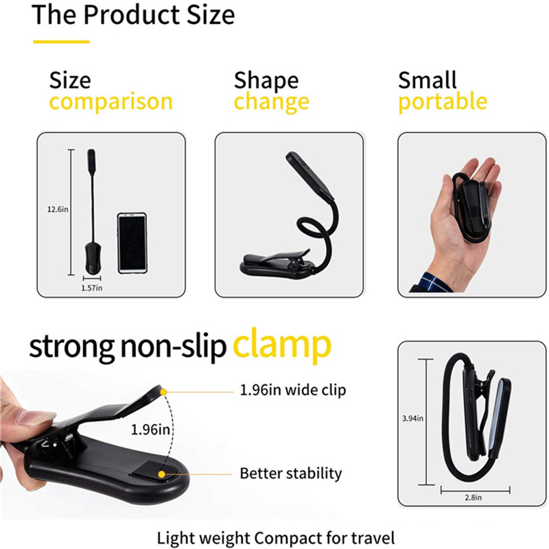 Luz de libro recargable, luz de lectura de 7 LED con luz diurna blanca cálida y fría de 3 niveles, lámpara de lectura nocturna Flexible y fácil con Clip en la cama