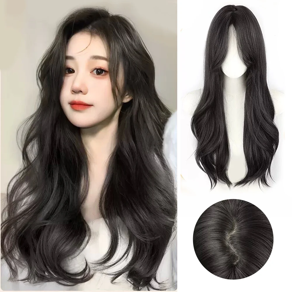 Alxnan perucas sintéticas longas e onduladas para mulheres, perucas pretas naturais com franja, cosplay diário, festa, resistente ao calor, cabelo falso