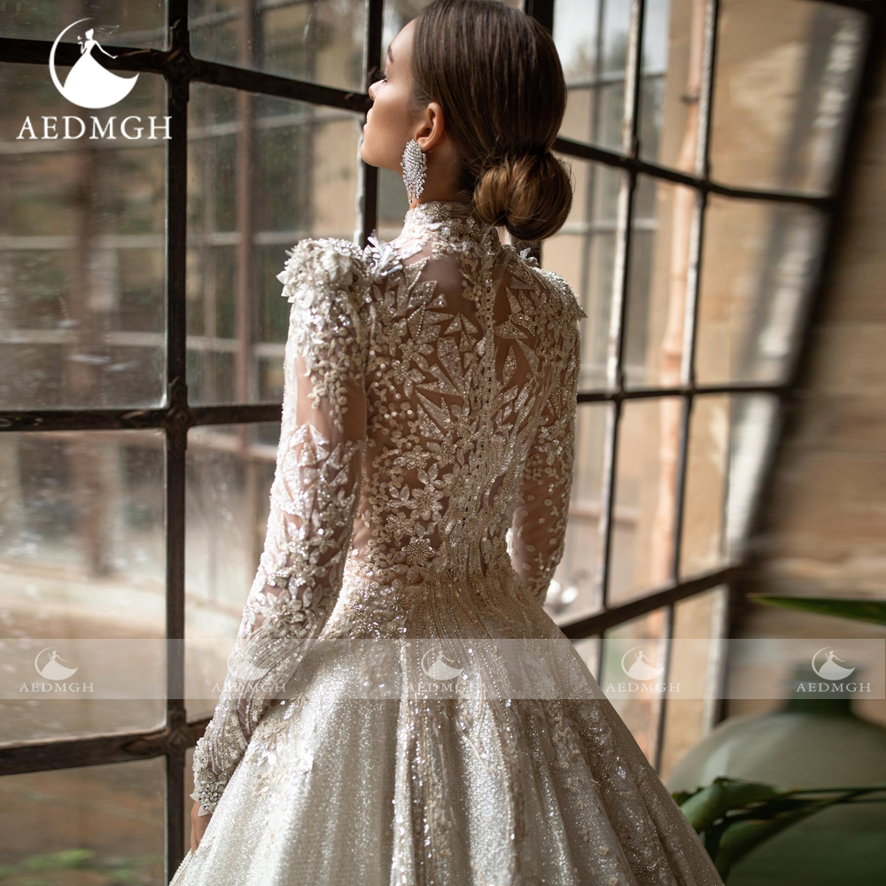 Aedmgh Ball Gown Abiti da sposa reali Collo alto Manica lunga Vestido De Novia Pizzo con paillettes Squisito abito da sposa su misura