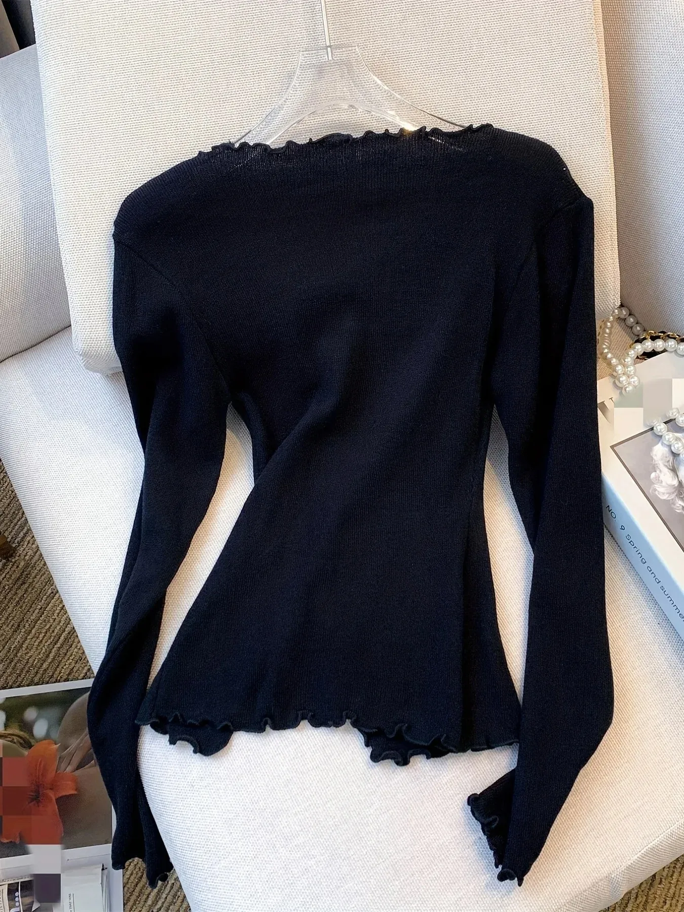สีดํา/สีขาวผักกาดหอม Trim Bowknot เสื้อกันหนาว Y2K เสื้อลําลองแขนยาวสําหรับฤดูใบไม้ผลิและฤดูใบไม้ร่วงผู้หญิงเสื้อผ้า