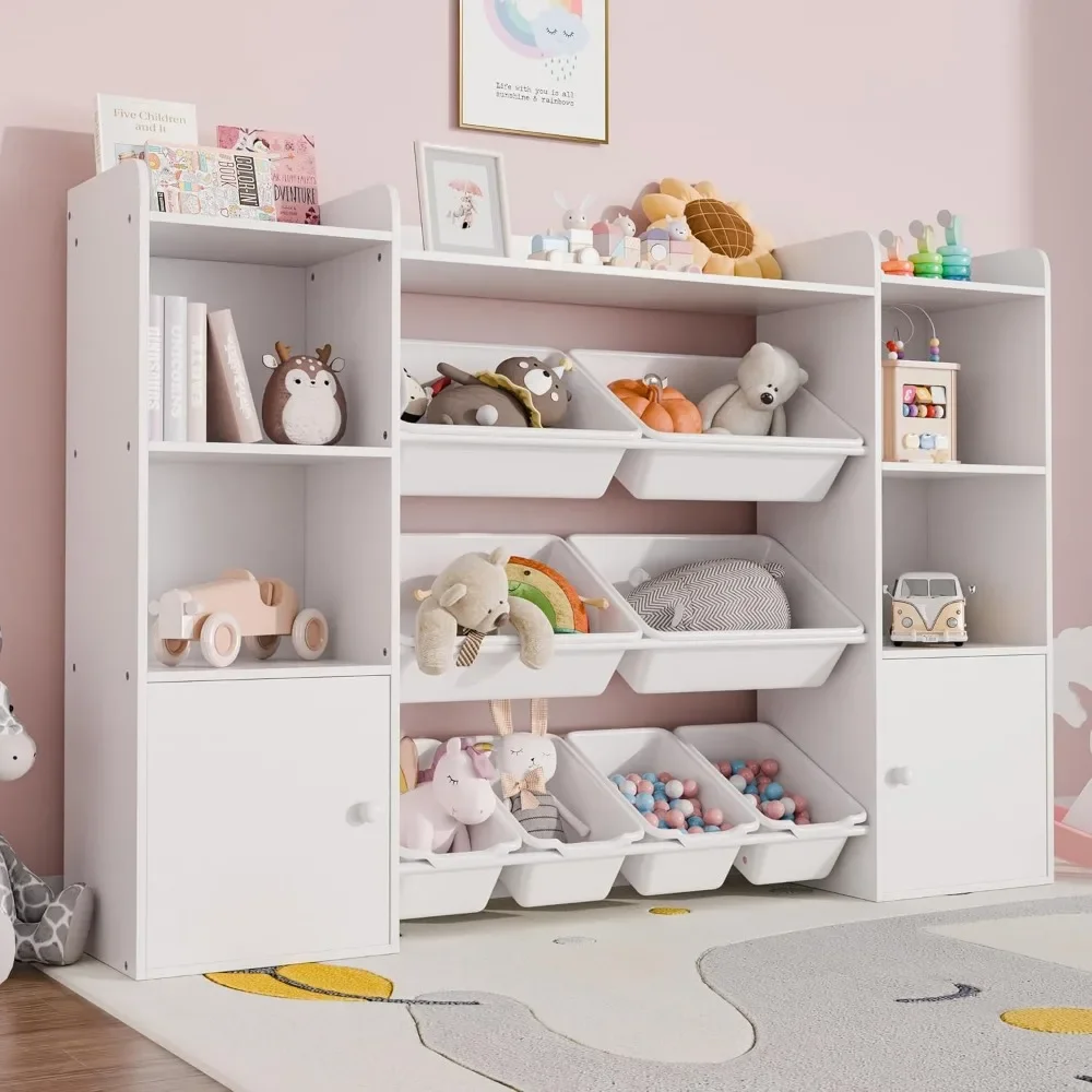 Kids Toy Storage Organizer W/8 Removable Toy Bins, 4-Tier Toy Organizers W/6 Storage Cubbies, Kids Bookshelf and Storage