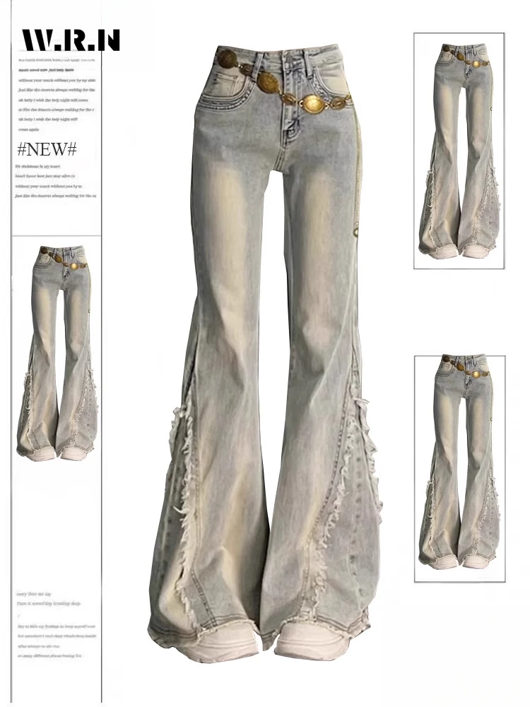 Pantalones acampanados Vintage informales para mujer, pantalones vaqueros de longitud completa con borlas Y2K, pantalones vaqueros de cintura alta Retro Grunge de los años 2000