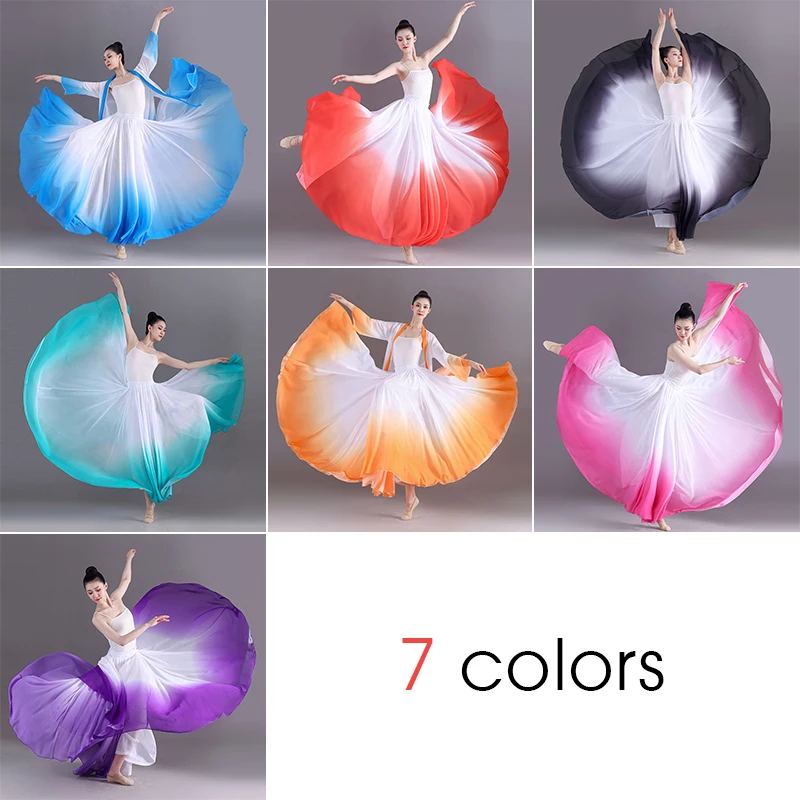 Mulheres Saias De Dança Clássica Prática Traje 720 Graus Gradiente Gaze Chiffon Desempenho Elegante Meio Vestido Estilo Chinês