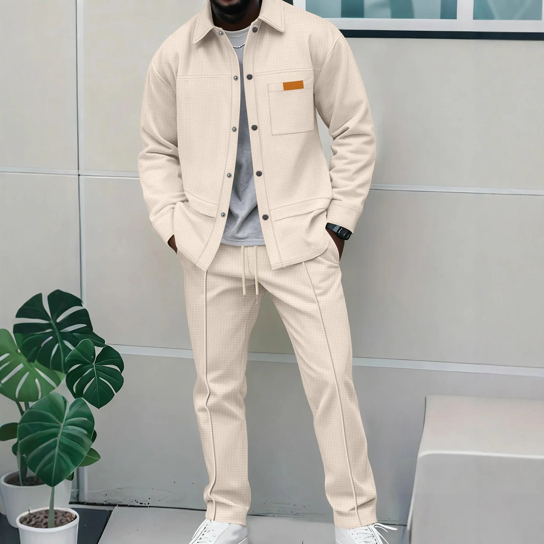 Hochwertiges Herren-Jacken-Set mit Waffelmuster in reiner Farbe für Frühling und Herbst – ein stilvolles und lässiges zweiteiliges Outfit