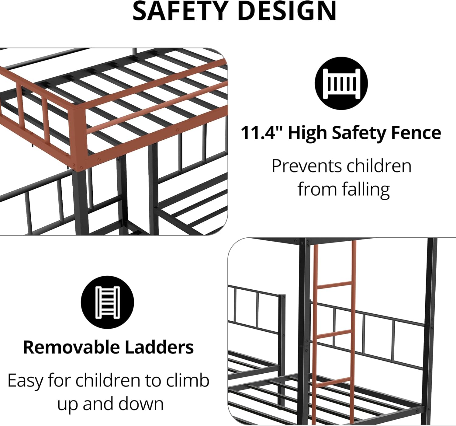 Triple Bunk Bed, Metal Twin Over Twin & Twin Bunk Beds for 3 with Guardrails, Ladder & Upper-Bed Platform, Detachable