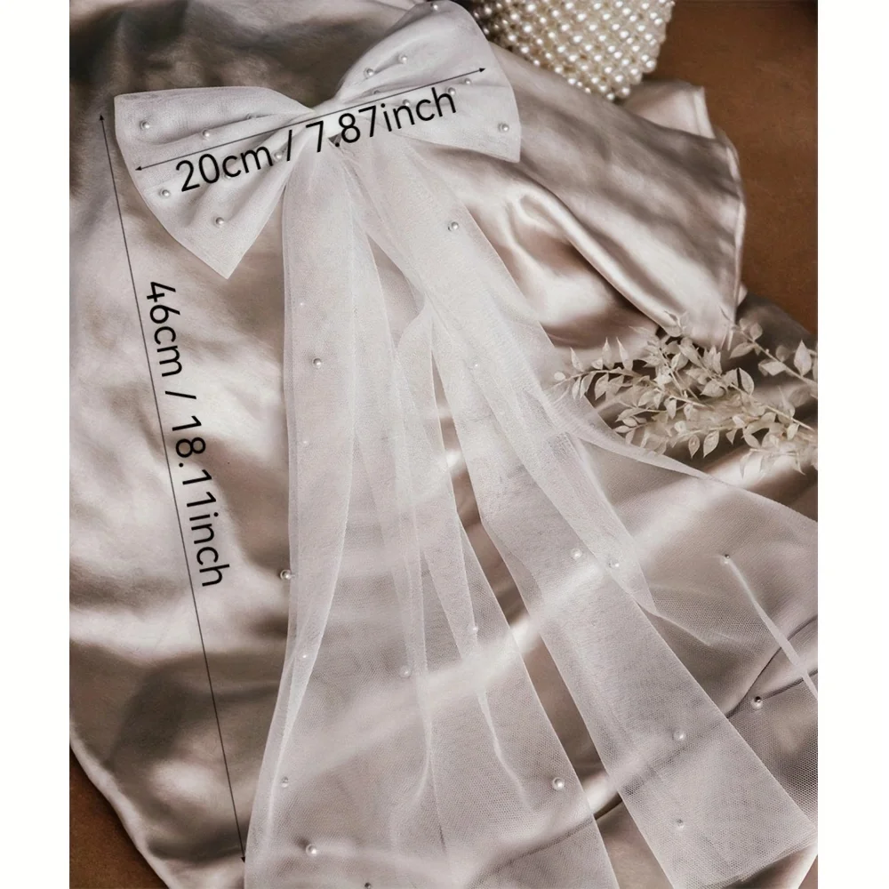 Véu de noiva elegante com imitação de pérolas, acessórios de casamento com clipe de tule branco