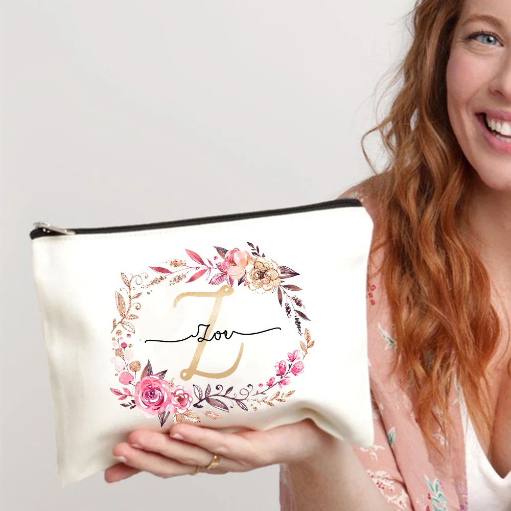 Personalized Initial with Name Makeup Bag Bridal Cosmetic Case Canvas Monogram Toiletry Pouch Birthday Wedding Bridesmaid Gifts