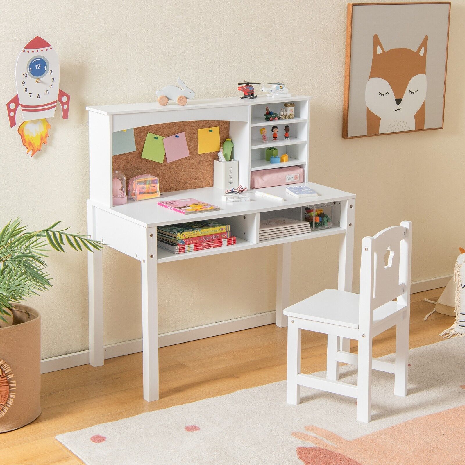 GOFLAME Kids Desk and Chair Set, Student's Study Table with Chair, Hutch, Cork Bulletin Board, Bookshelf & Drawers