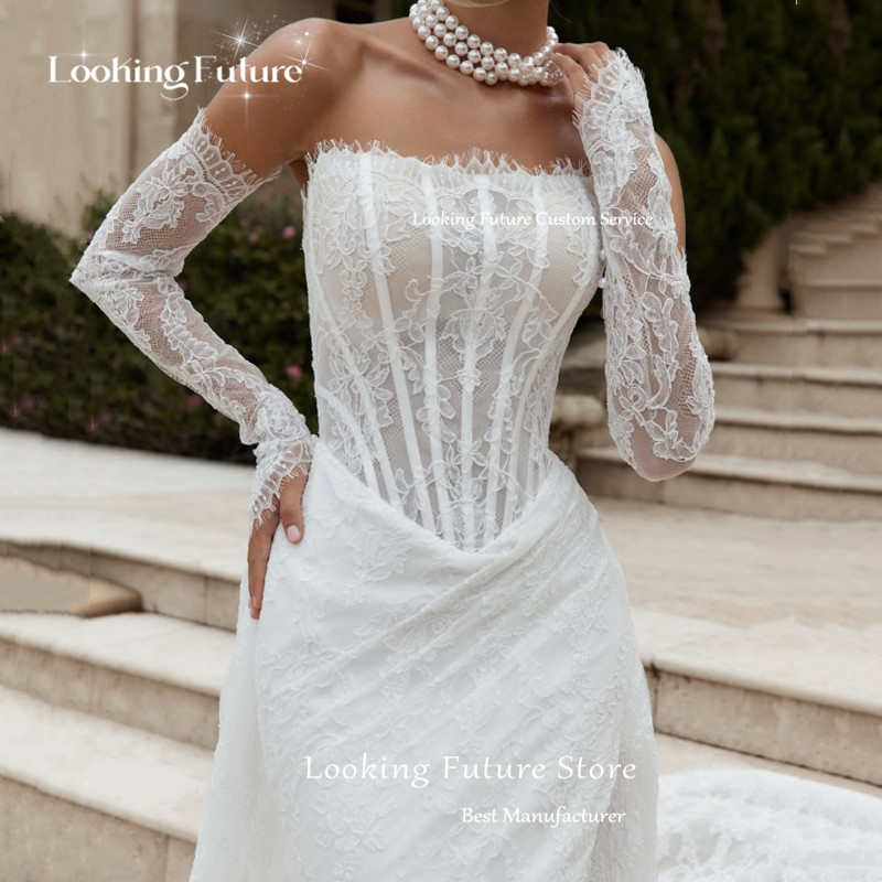 Customized Luxury Lace Appliques Mermaid Wedding Dresses White Sexy Strapless Backless Sleeveless High Slit Bridal Gowns 2026