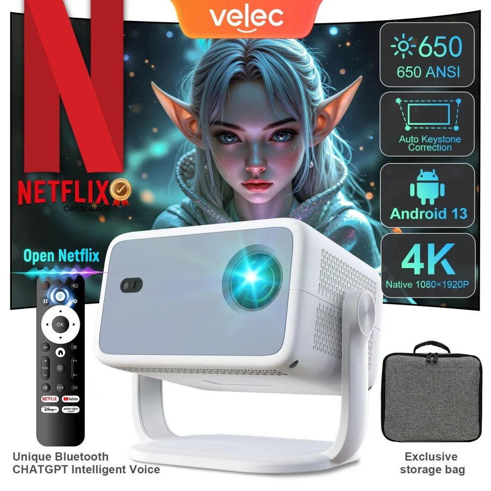 Proyector Velec TP350 650 ANSI 4K HD 1080P enfoque automático Android 13 Wifi6 BT5.2 Video portátil al aire libre Proyector de cine en casa inteligente