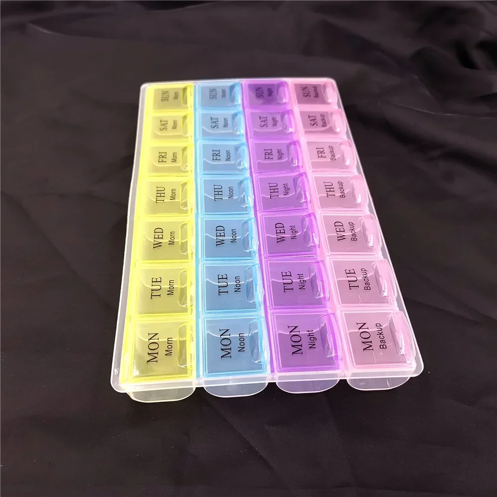 1PCS 4 แถว 28 สี่เหลี่ยม/3 แถว 21 กริด/2 แถว 14 กริดรายสัปดาห์ 7 วันแท็บเล็ตกล่องยาผู้ถือยาคอนเทนเนอร์กรณี
