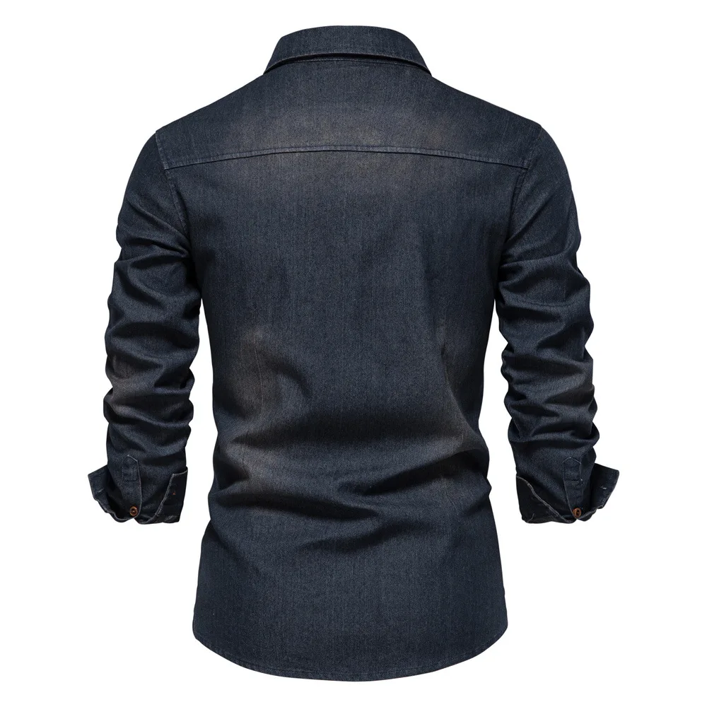 Camisa de mezclilla de algodón elástico para hombre, camisas de manga larga con bolsillo de Color sólido, ropa de diseñador ajustada informal, alta calidad