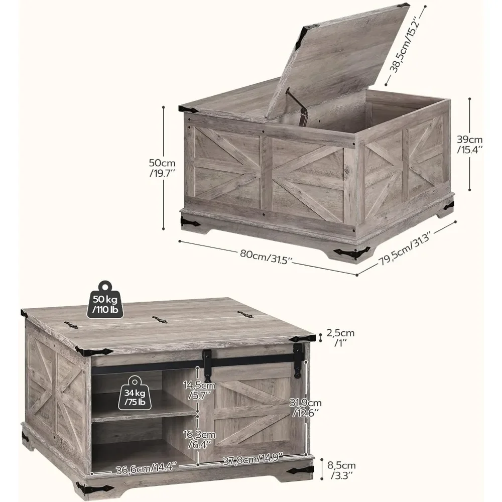 Mesa de centro Greige Farmhouse, mesa de centro quadrada grande para sala de estar, mesa de centro elevatória quadrada, madeira Greige