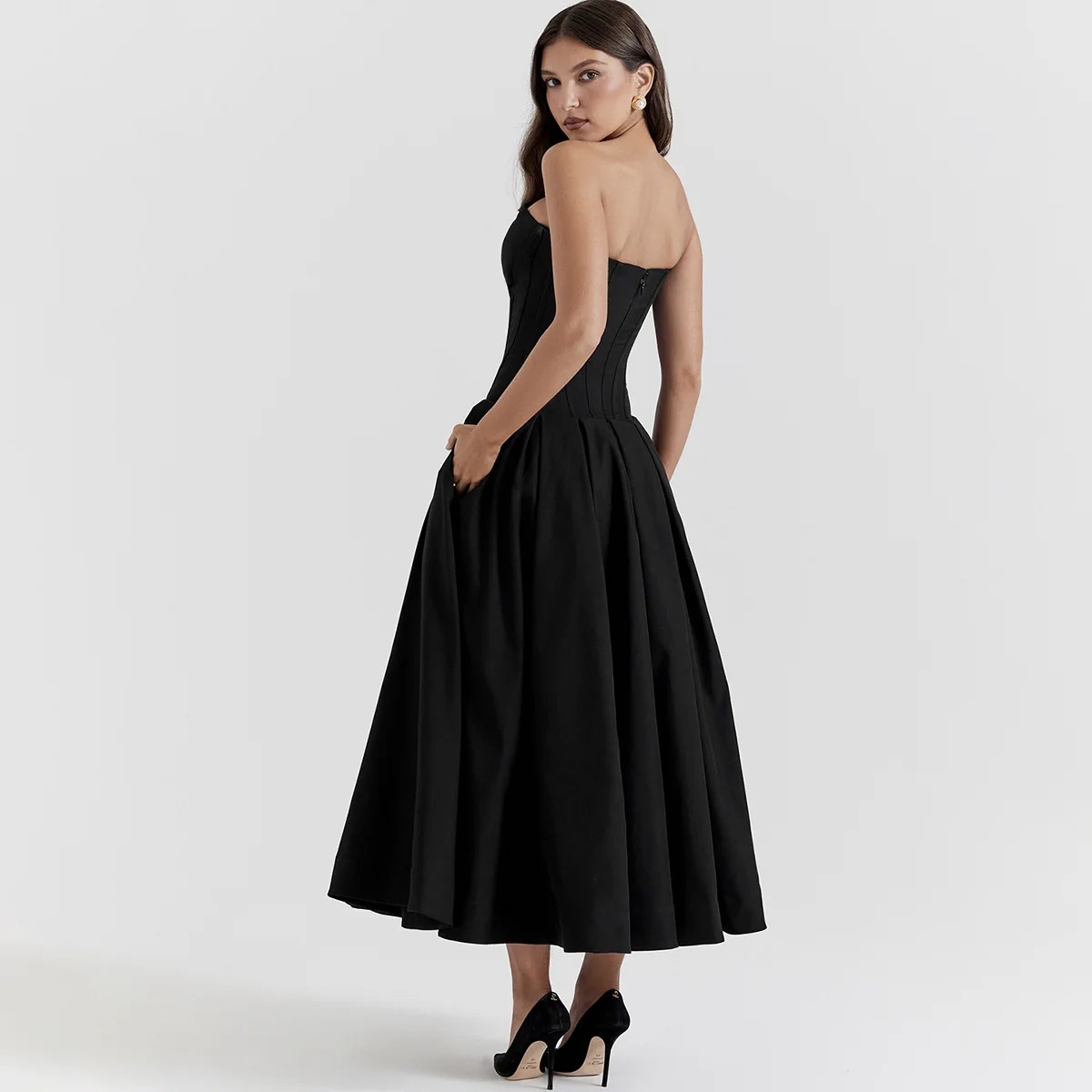 Vestido negro elegante para eventos de boda, vestido Sexy con corsé sin tirantes, vestidos de fiesta de Navidad por debajo de la rodilla para mujer, ropa