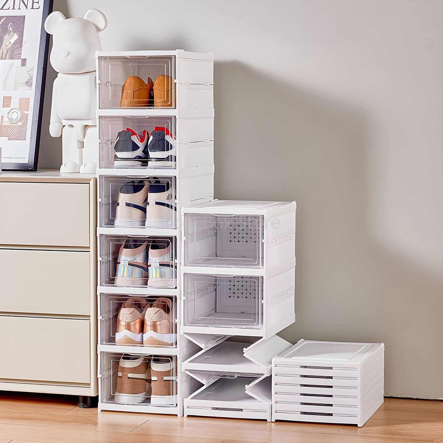 STACKABLE ชั้นวางรองเท้า 3/6 ชั้นพลาสติกโปร่งใสรองเท้าผ้าใบกล่องเก็บห้องนั่งเล่นตู้รองเท้าเฟอร์นิเจอร์รองเท้า Organizer Rack