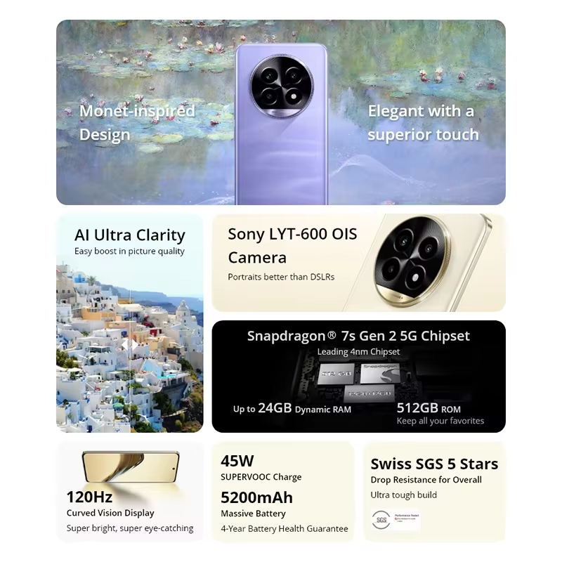 Version globale realme 13 Pro 5G Smartphone Sony LYT-600 OIS Camera Snapdragon 7s Gen 2 120Hz Curved Vision Display 5200mAh Battery AI Imaging Features