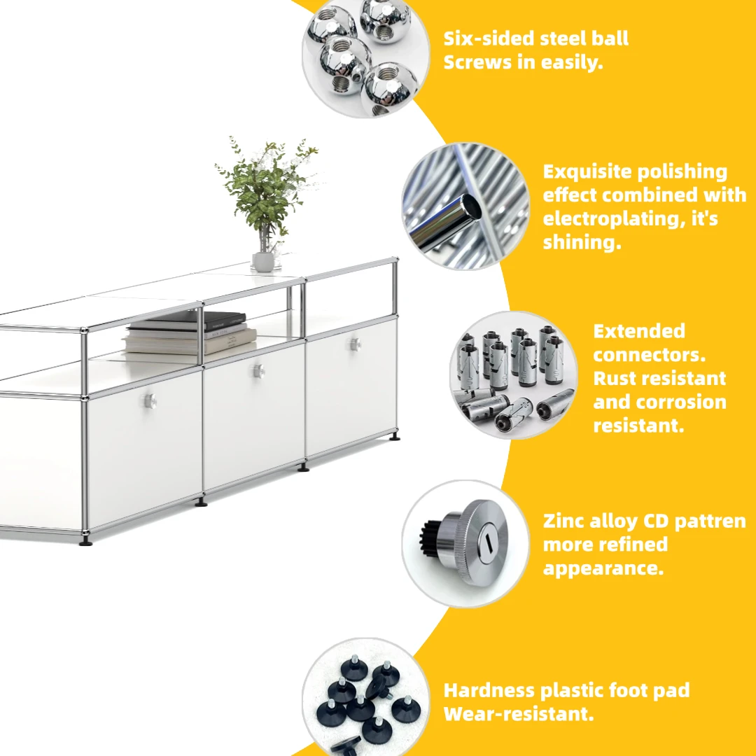 Modern Modular Low TV Cabinet｜3-Tier Sideboard with Drop Doors｜Steel Frame Storage Bench Unit | Minimalist Low Media Console