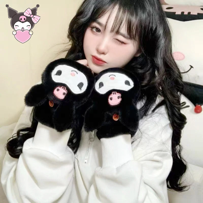Sanrio Kuromi плюшевые перчатки с откидной крышкой женские аниме Kawaii мультфильм новые зимние девушки студенческие утолщенные теплые милые мягкие праздничные подарки