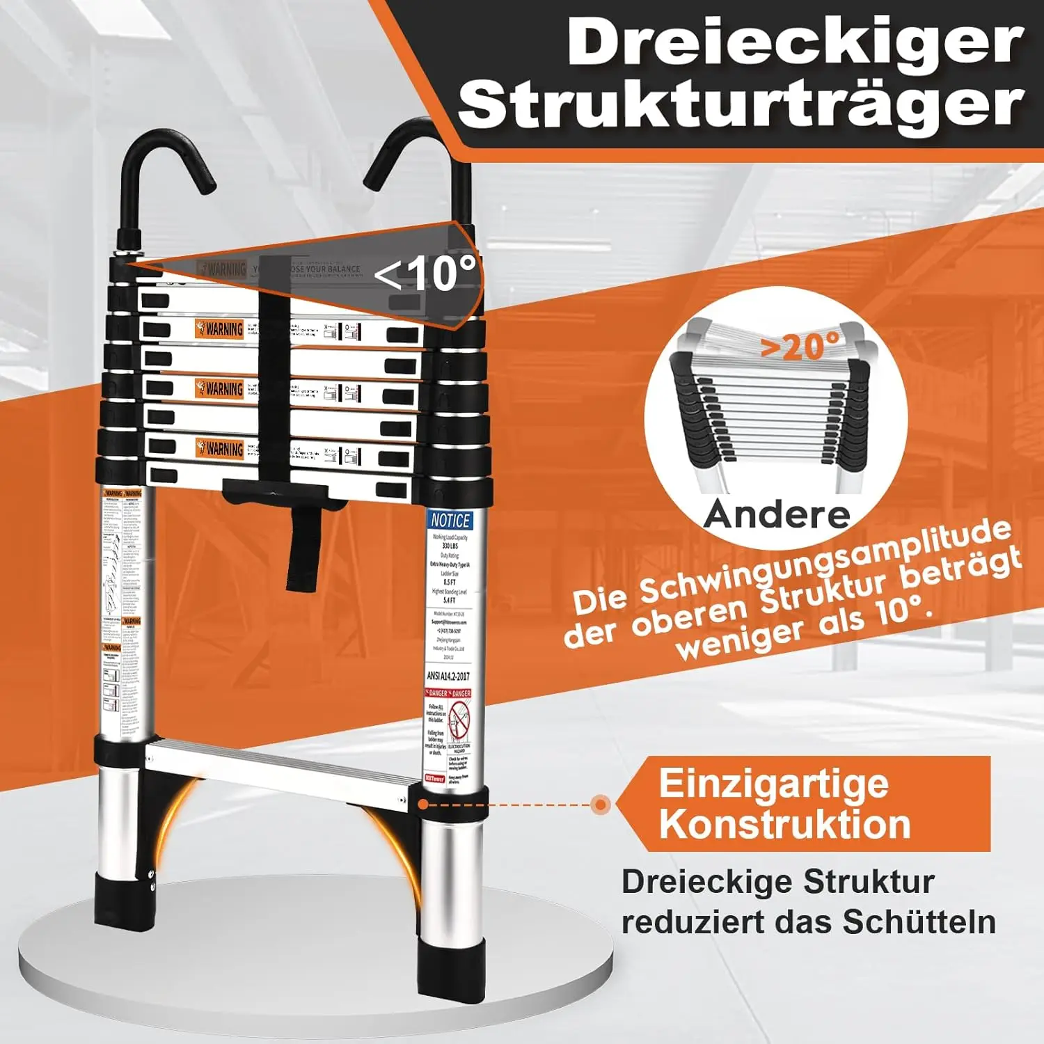 2,6 m Teleskop leiter mit Haken, leicht, ausziehbar, zusammen klappbar für Dachböden, Wohnwagen, 150kg Fassung vermögen, Silber.