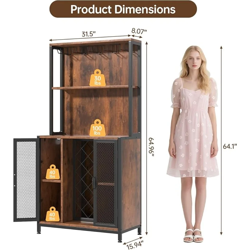 LED Upgraded Bar Cabinet with Back Panel & Microwave Stand Rack,  65" Tall Wine Bar Cabinet w/Glass Holder & Adjustable Shelves