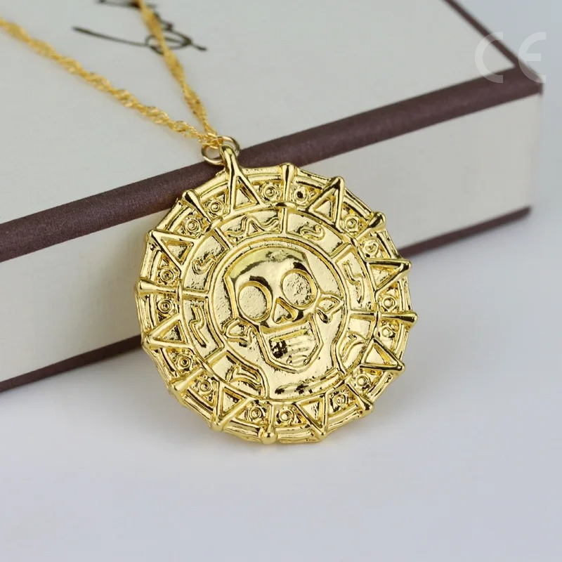 Piratas do caribe colar asteca esqueleto crânio cabeças pingente banhado a ouro/bronze vintage masculino colar de declaração presentes