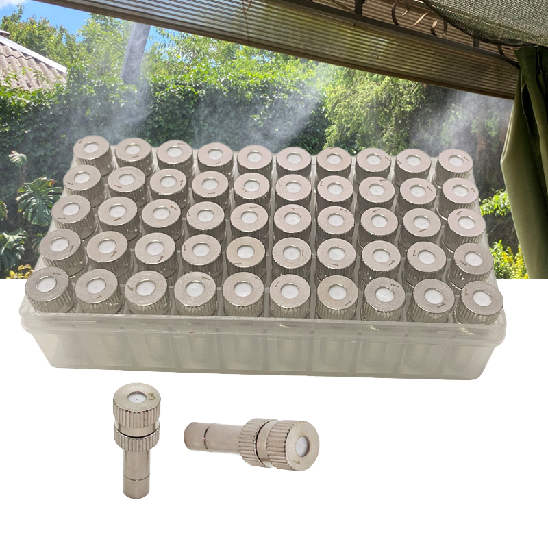 (50 unids/lote) 6mm baja presión 0,1-0,5mm boquillas de nebulización antiniebla de acero inoxidable conectores aspersor de riego de agua de jardín