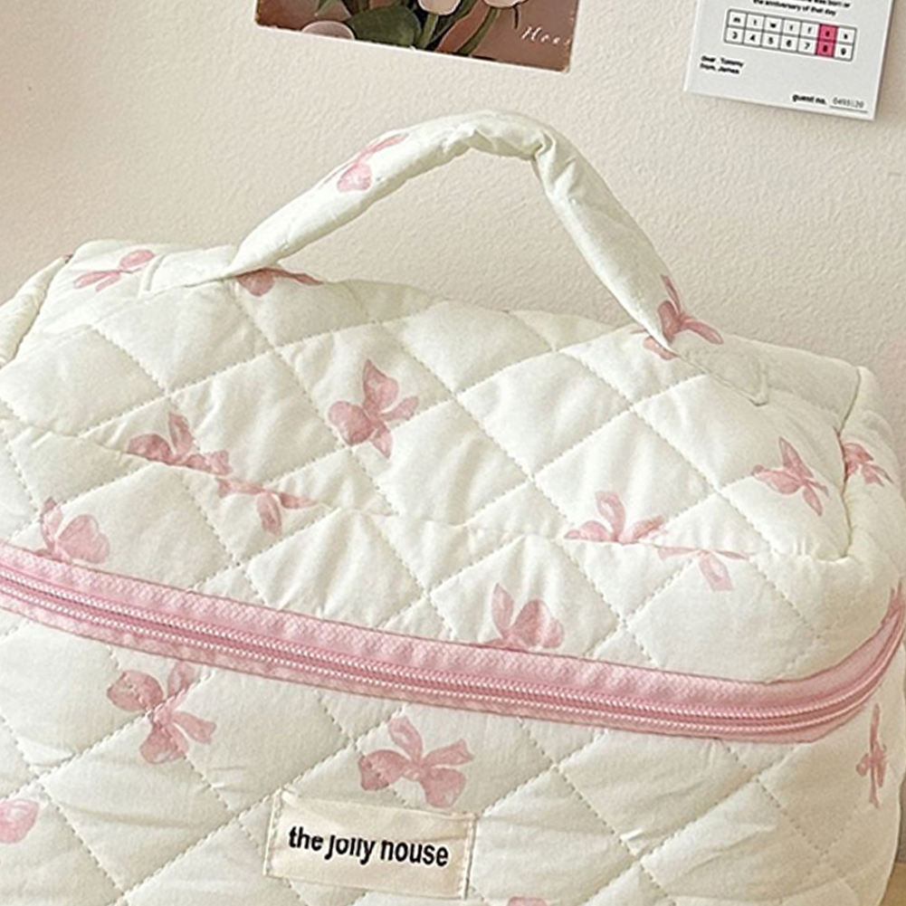Niedliche Schleife, Reise-Make-up-Tasche mit Reißverschluss, Kulturbeutel, Baumwolle, gesteppt, Make-up-Organizer, Aufbewahrungstasche für Frauen und Mädchen