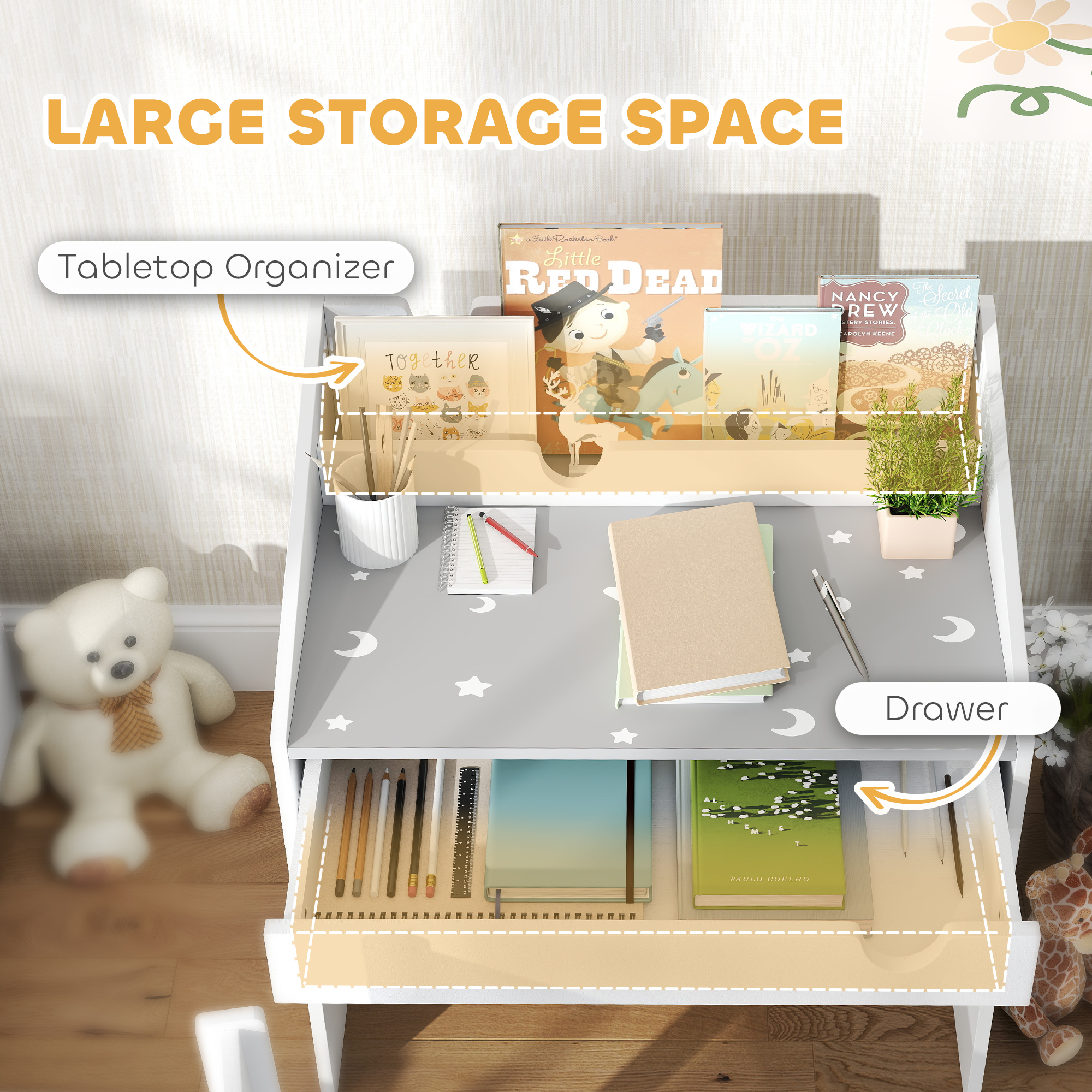 AIYAPLAY Children Study Table and Chair with Storage, Pull-out Drawer for 3-6 Years Old, Star & Moon Pattern