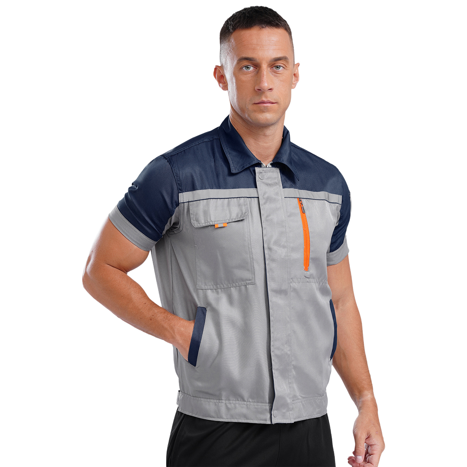 Herren Fabrik Werkstatt Arbeitswerkstatt Mechaniker Uniform Jacke Tops mit Taschen Kurzarm Reißverschluss Oberbekleidung Hemd Tops Arbeitskleidung