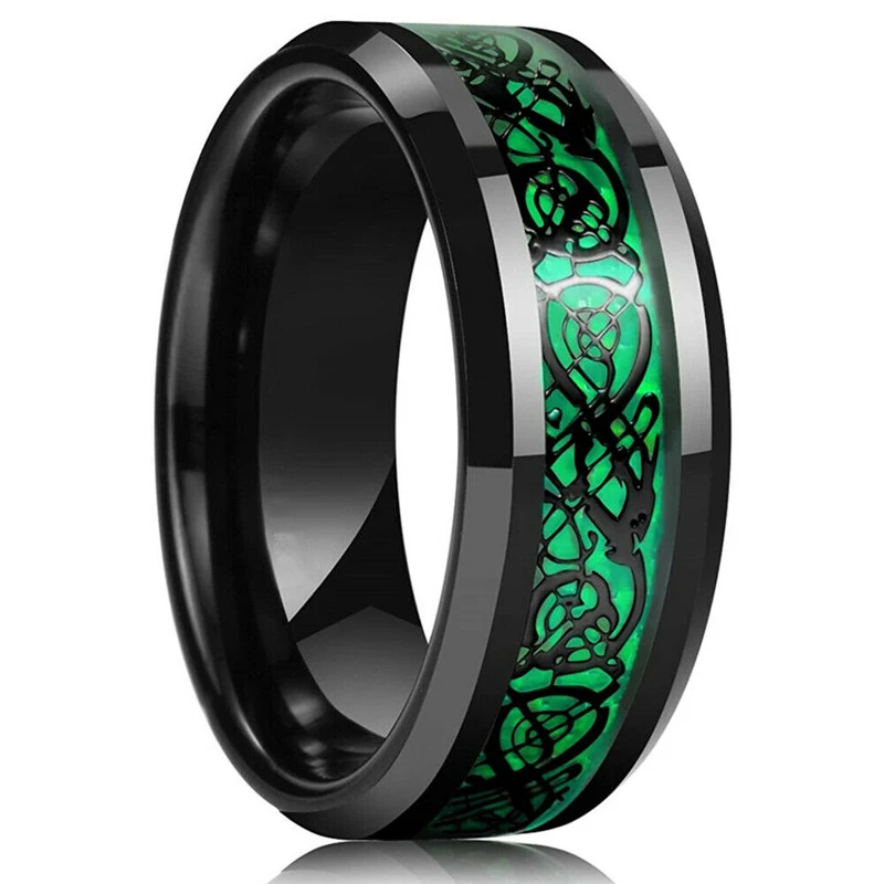 แฟชั่น 8 มม.สแตนเลส Celtic Dragon แหวน Inlay สีแดงสีเขียวสีดําคาร์บอนไฟเบอร์แหวนแต่งงาน Charm เครื่องประดับของขวัญ