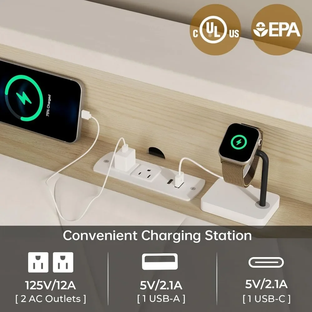 Full Size Bed Frame with Headboard Storage & LED Lights, with Charging Station, Velvet Upholstered Bed with Shelf Headboard