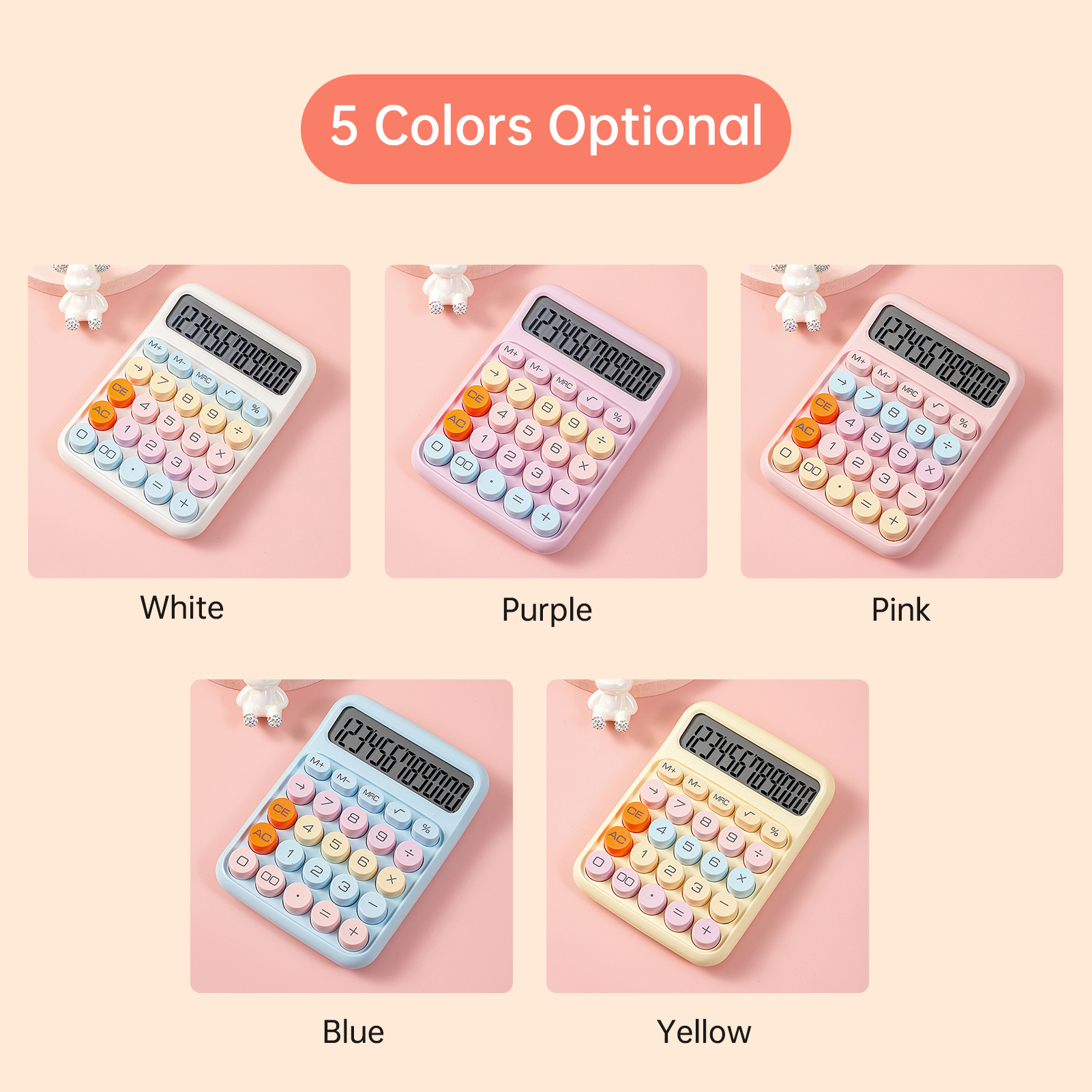 Calculadora mecánica con pantalla LCD grande de 12 dígitos, botón redondo grande, calculadora linda de color caramelo, adecuada para oficina y escuela