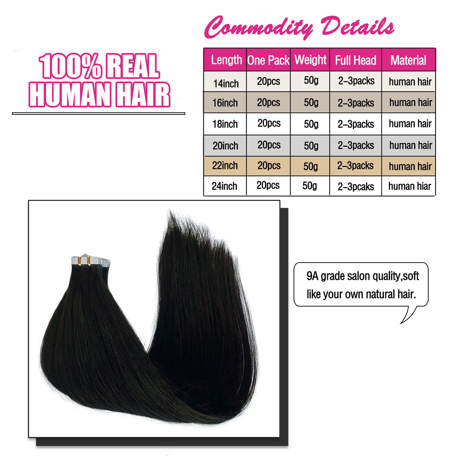 Bande dans les Extensions de cheveux Remy cheveux humains 20 pièces droite sans couture peau trame bande Extensions de cheveux naturel noir cheveux pour les femmes