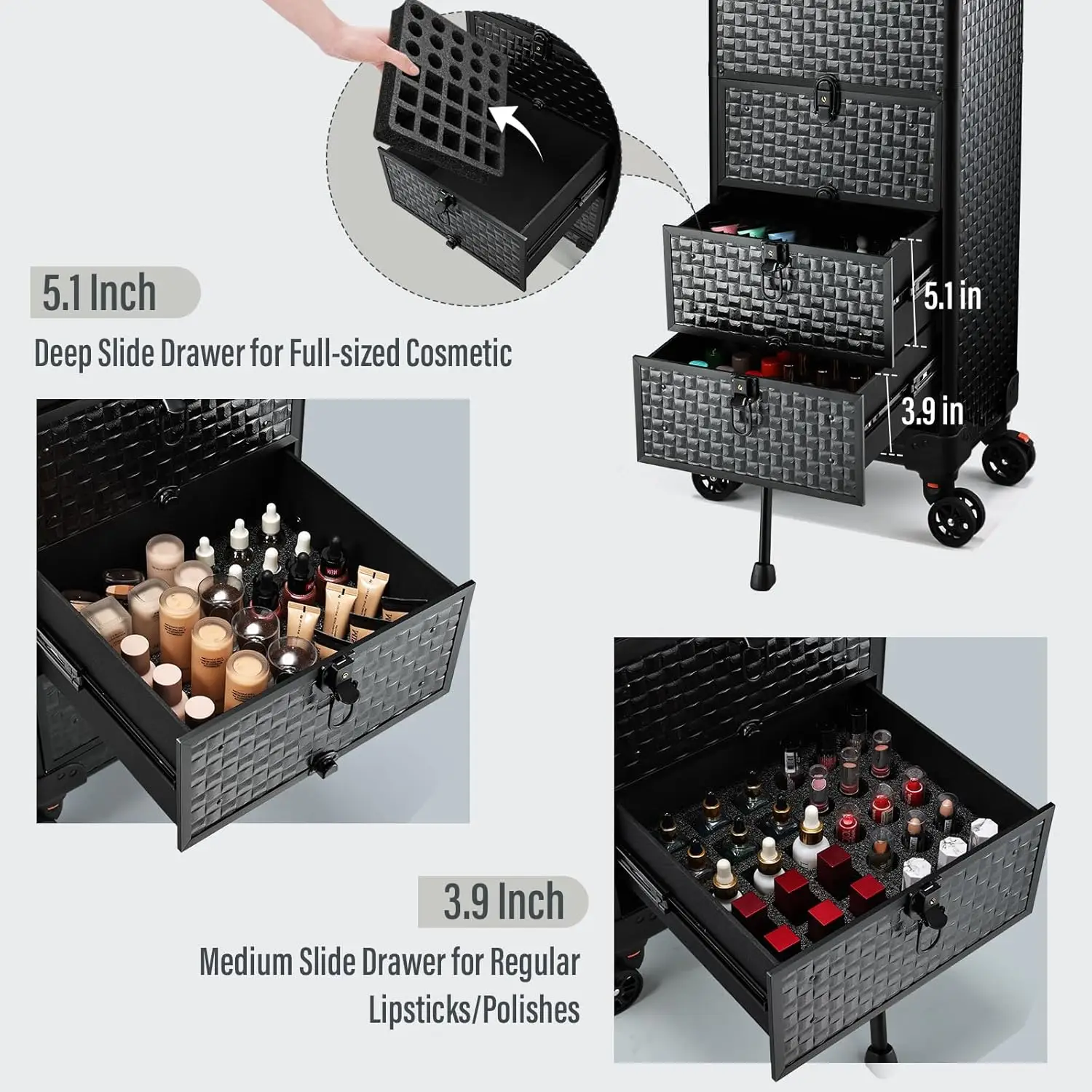 Cart with 3 Drawers, Professional Trolley Cart for Beauty Salon, Rolling Train Case Makeup Organizer Case for Nail Tech, F