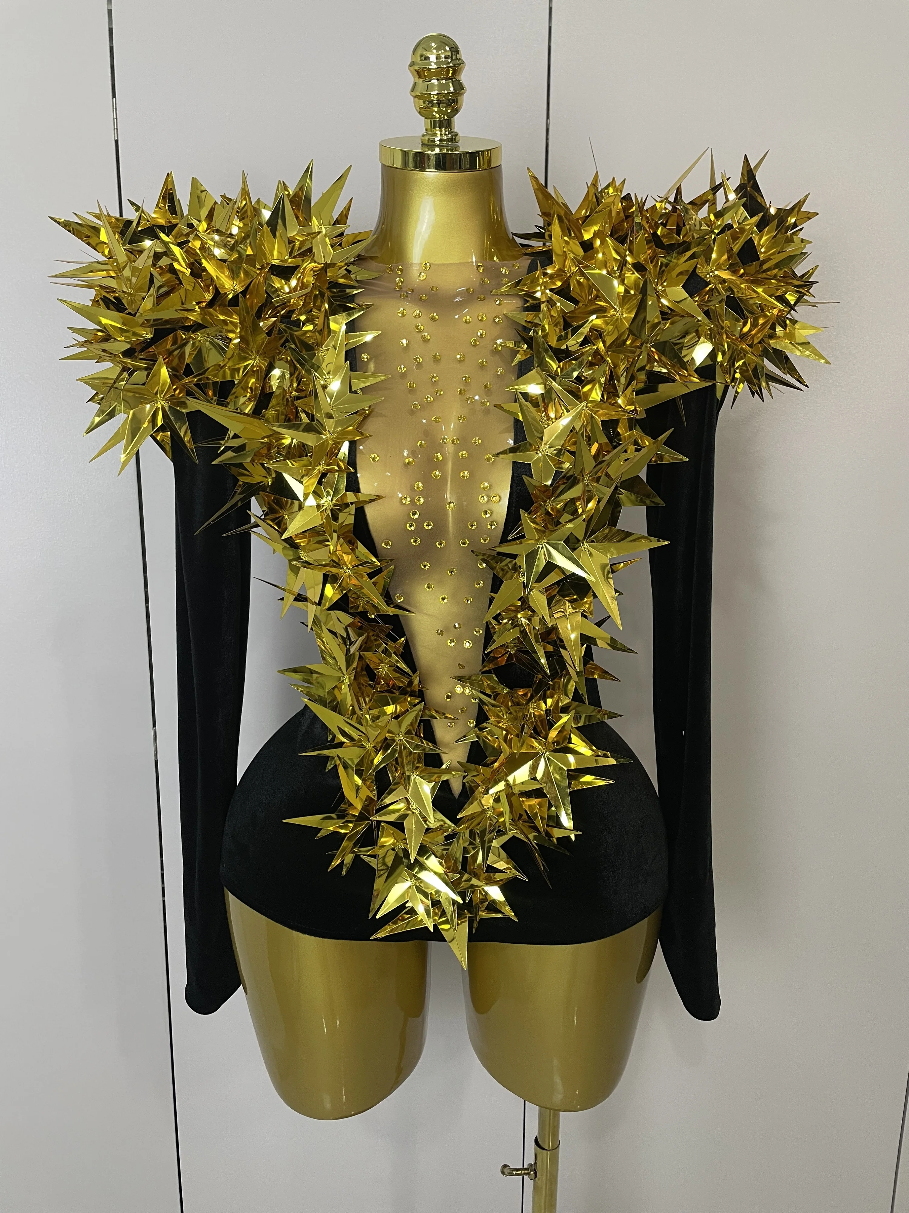 Glänzender Gold-Strass-Body aus schwarzem Samt mit langen Ärmeln, 2025, Damen-Abendparty, Club, Gala, Gastgeber, Nachtclub, Bar, Bühnenkostüme