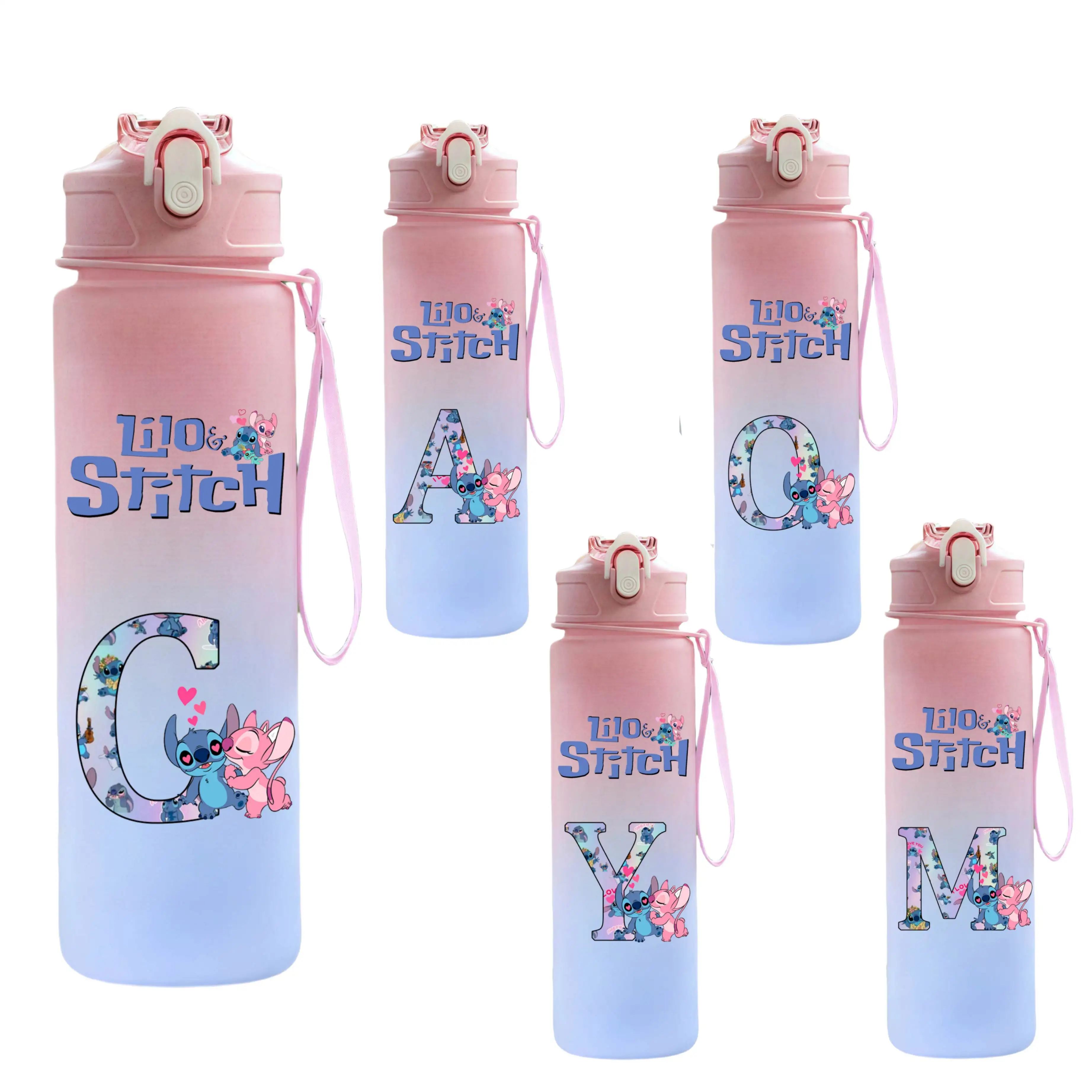 Botella de agua de 750ML Lilo Stitch, A-Z con letras de dibujos animados impresas, taza para beber de gran capacidad, taza de agua portátil para deportes al aire libre, regalo para niños
