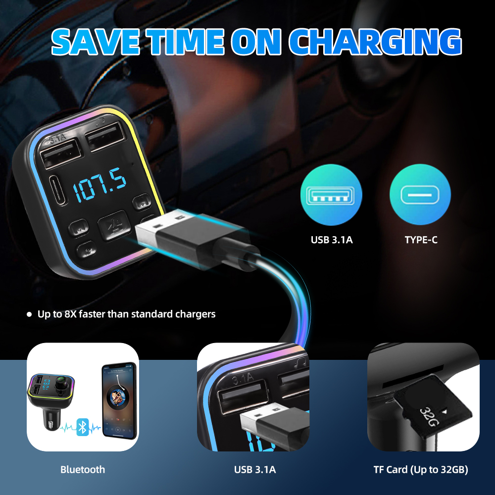 Автомобильный Bluetooth 5,0 FM-передатчик PD Type-C Dual USB 3.1A Быстрое зарядное устройство Красочный окружающий свет Громкая связь MP3-модулятор Плеер