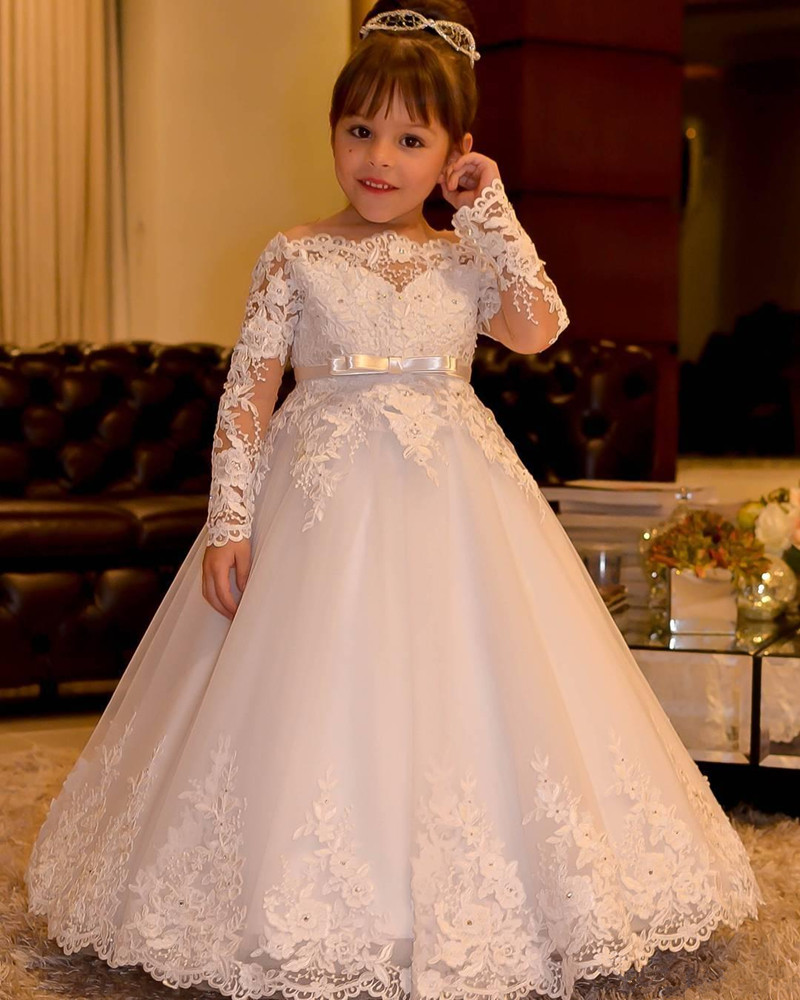 ชุดเดรสดอกไม้สําหรับงานแต่งงานเจ้าหญิงลูกไม้แขนยาวBackless Holy First Communion GownsพรรคประกวดชุดสาวGowns