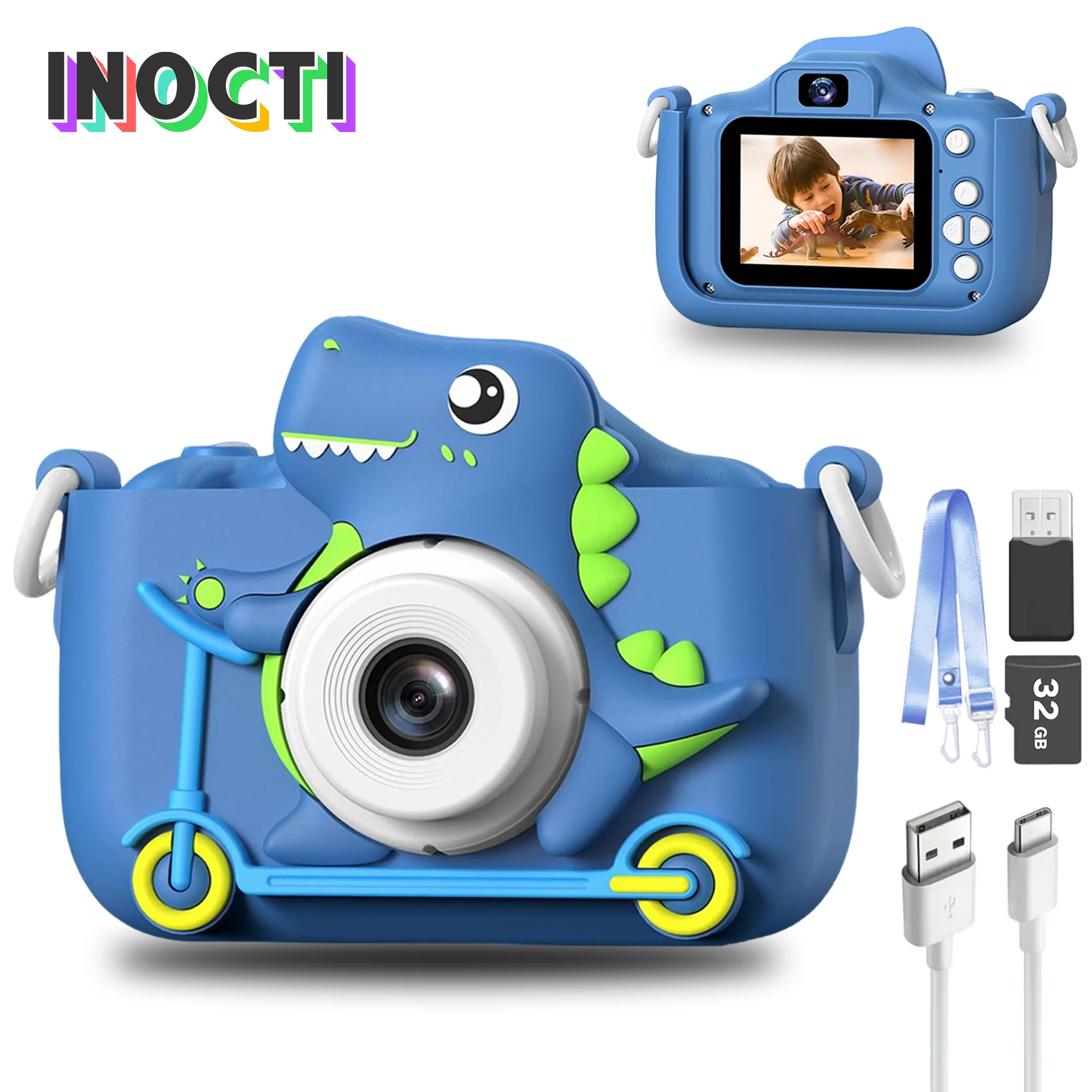 Câmeras infantis INOCTI, série de dinossauros, câmera infantil, câmera de vídeo digital para crianças pequenas, brinquedos para presentes de aniversário de Natal