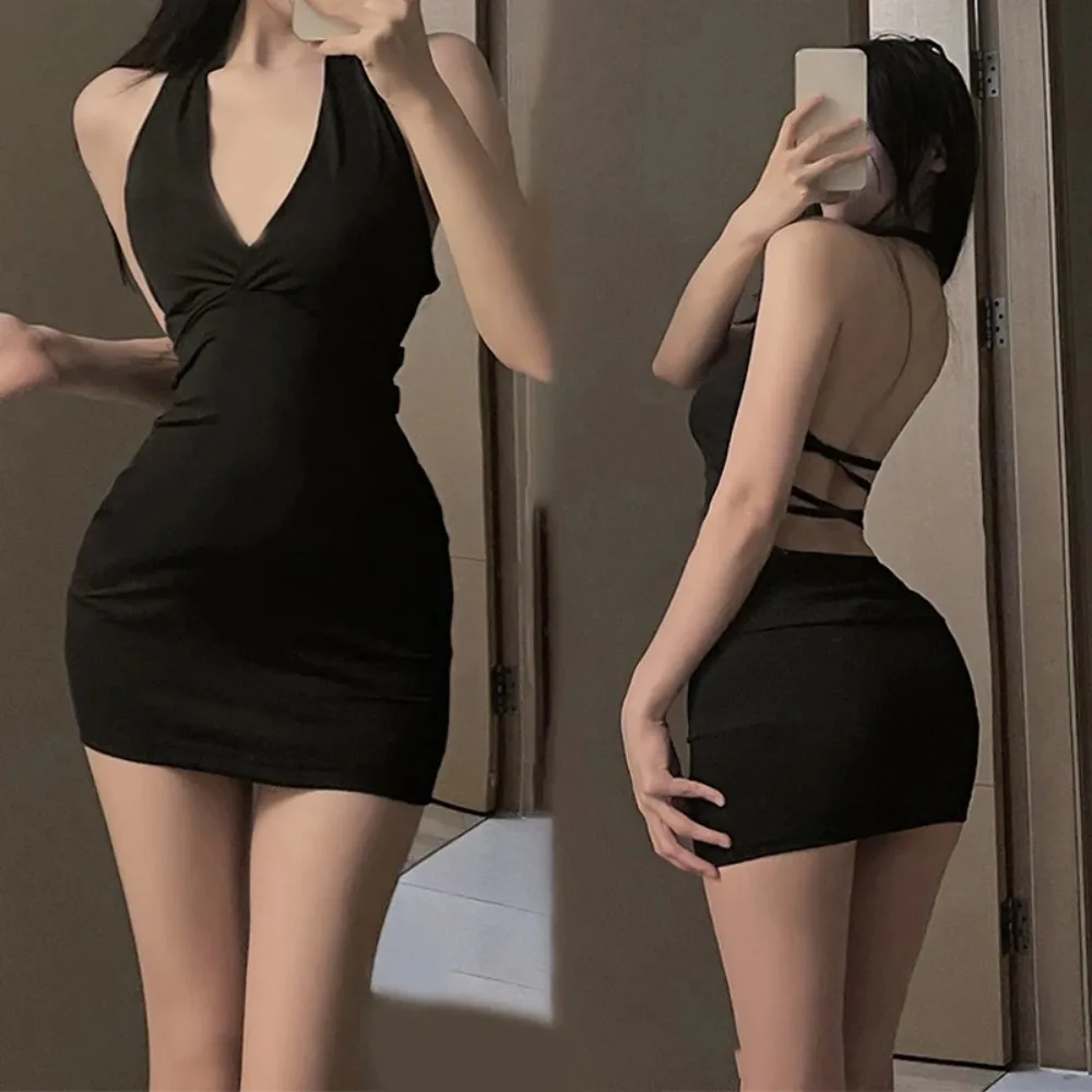 Mini abito da donna sexy da sera con scollo a V sottile senza schienale e scollo a V