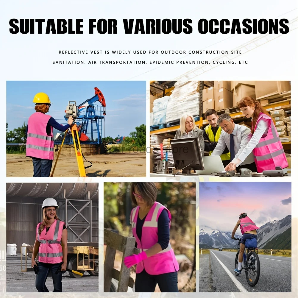 Pink Women's Reflective Safety Vest Front Pocket Zipper High Visibility Safety Vest Meets ANSI/ISEA Standards