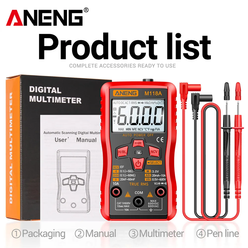 ANENG M118A Mini multímetro Digital probador 6000 recuentos medidor de Tranistor de valores eficaces verdaderos automático con linterna de retención de datos NCV