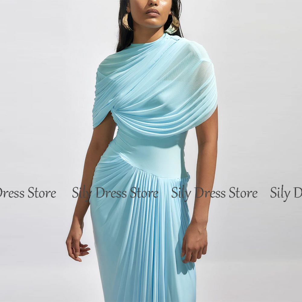 Sky Blue Evening Dresses 2025 Spandex Sheath/Column Prom Dress High Collar Pleat Cap Sleeve Valentine's Day Long Gown