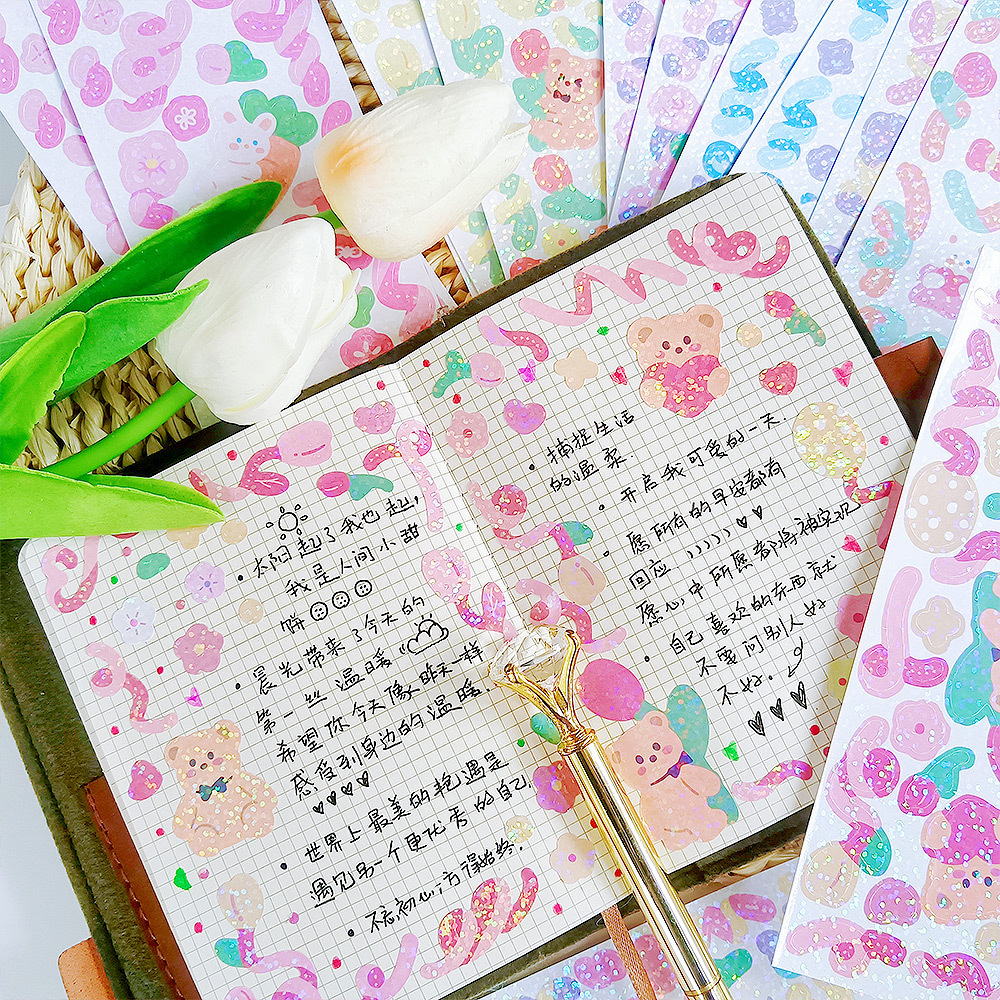 IMOON 12 แผ่นน่ารักเงาเลเซอร์ริบบิ้นสติกเกอร์สําหรับอัลบั้มภาพกรอบ DIY หัตถกรรมโปสเตอร์ตกแต่งสมุดภาพนักวางแผน