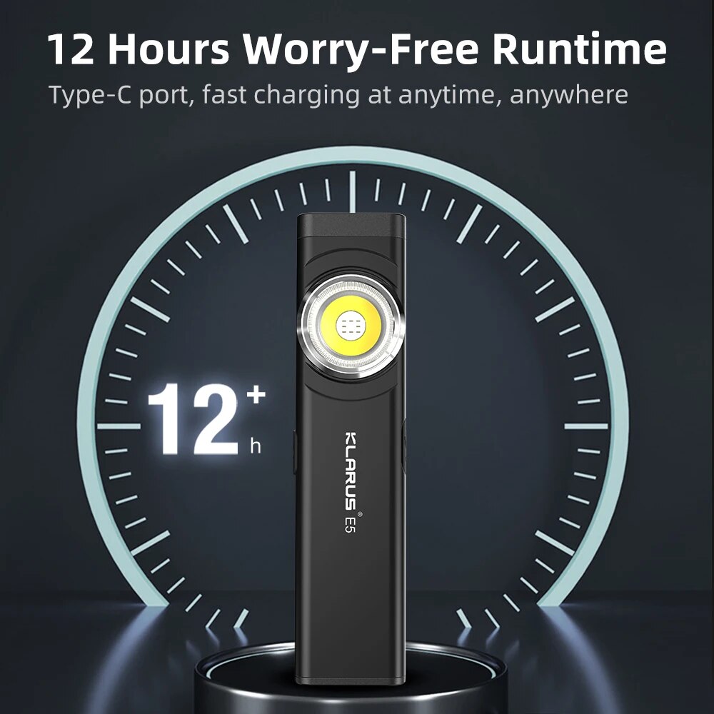 Klarus E5 COB Lanternas Magnéticas Dupla Luz Tocha 8 Modos de Iluminação USB C Recarregável EDC Lanterna Estroboscópica para Uso de Emergência