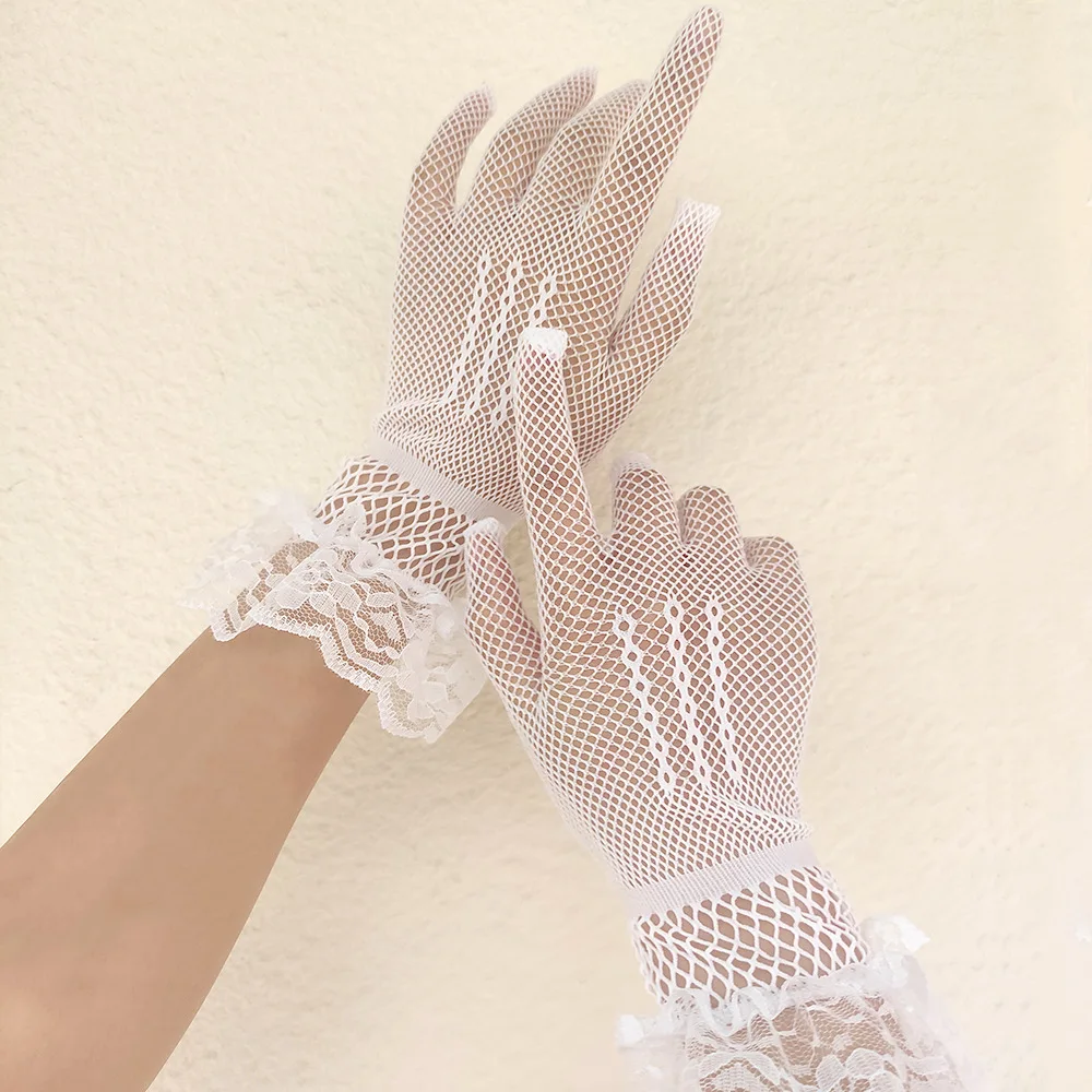 Guantes de conducción a prueba de rayos UV para mujer, manoplas finas de malla de rejilla a la moda con volantes y dedos completos, color blanco y negro, para verano