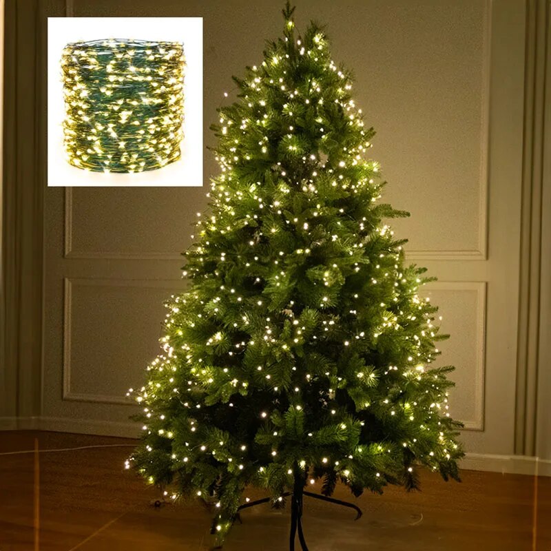 ไฟสาย10M100LED แบบเส้นลวดสีเขียวพวงมาลัยสีขาวอบอุ่นสำหรับตกแต่งกลางแจ้งบ้านเทศกาลคริสต์มาสงานแต่งงานงานสวน